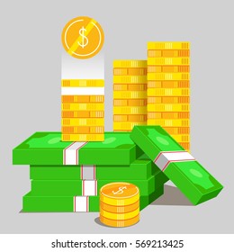 Vector illustration investment concept. A lot of money, golden coins and paper dollars. 