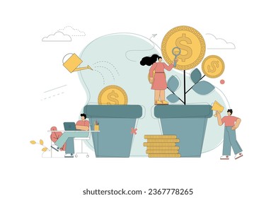 Vector illustration. Investment. Financial growth. Successful business. Smart investment. Money grows from a pot. People grow money in flower pots