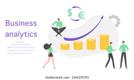 Vector illustration Investment growth, financial increase, development People Research, strategy selection, statistics, planning, marketing, study of performance indicators Business analysis concept