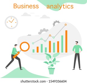 Vector illustration Investment growth, financial increase, development People Research, strategy selection, statistics, planning, marketing, study of performance indicators Business analysis concept