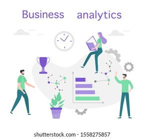 Vector illustration Investment growth, financial increase, development People Research, strategy selection, statistics, planning, marketing, study of performance indicators Business analysis concept