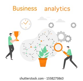Vector illustration Investment growth, financial increase, development People Research, strategy selection, statistics, planning, marketing, study of performance indicators Business analysis concept
