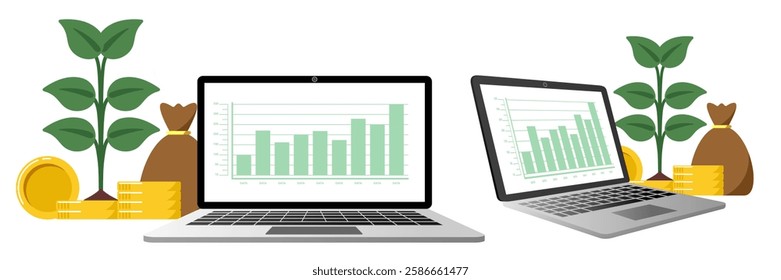 vector illustration of investment growth showing laptops with financial charts, money plants, gold coins, and cash bags. Represents online trading, business growth, and financial success.