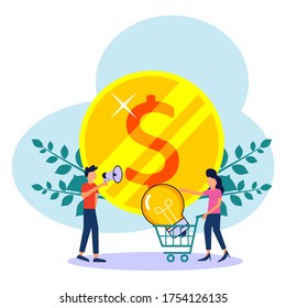 Vector illustration, investment management, business people involved in teamwork and investing in cash profits, ideas, career growth towards success, flat color icons, business analysis.