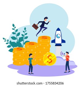 Vector illustration, investment management, business people building businesses from scratch and investing cash profits, career growth towards success, flat color icons, business analysis.