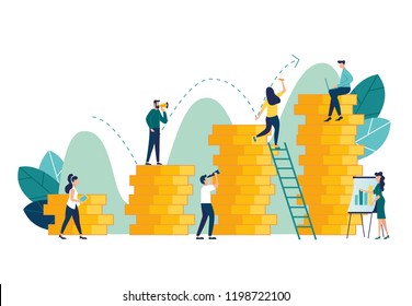 vector illustration, investment management, the company is engaged in the joint construction and the cultivation of cash profits, career growth to success, flat color icons, business analysis