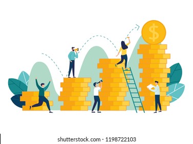 vector illustration, investment management, the company is engaged in the joint construction and the cultivation of cash profits, career growth to success, flat color icons, business analysis