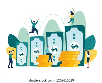 vector illustration, investment management, the company is engaged in the joint construction and the cultivation of cash profits, career growth to success, flat color icons, business analysis