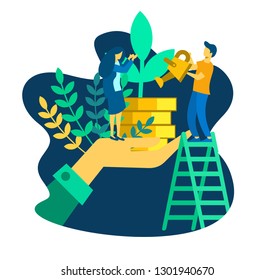 	
vector illustration, investment management, the company is engaged in the joint construction and the cultivation of cash profits, career growth to success, flat color icons, business analysis