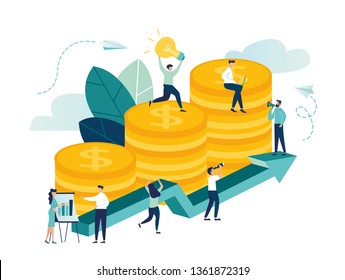 vector illustration, investment management, the company is engaged in the joint construction and the cultivation of cash profits, career growth to success, flat color icons, business analysis - Vector