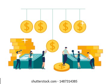 vector illustration, investment management, the company is engaged in the joint construction and the cultivation of cash profits, career growth to success, flat color icons, business 