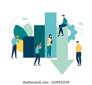 vector illustration. Investment management, the company is engaged in joint problem solving, sales decline, downward decline.
