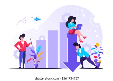 vector illustration. Investment management, the company is engaged in joint problem solving, sales decline, downward decline.