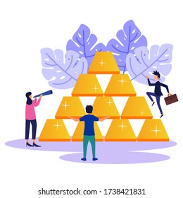 Vector illustration, investment management, company and its employees involved in joint construction and cash profit planting, career growth towards success, flat color icons, business analysis.