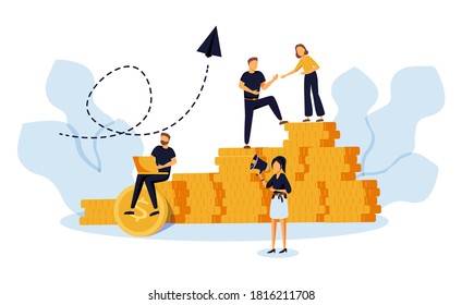 vector illustration, investment management, the company is engaged in the joint construction and the cultivation of cash profits, career growth to success, flat color icons, business analysis