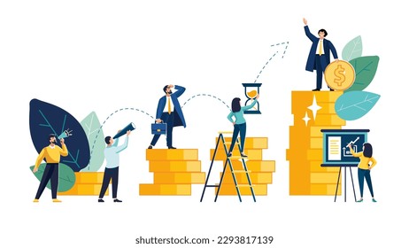 Ilustración vectorial, gestión de inversiones. La empresa participa en la construcción conjunta y en el cultivo de beneficios monetarios, así como en el crecimiento de las perspectivas de carrera para alcanzar el éxito. Trabajo en equipo de personas, análisis de negocios, verde, amarillo