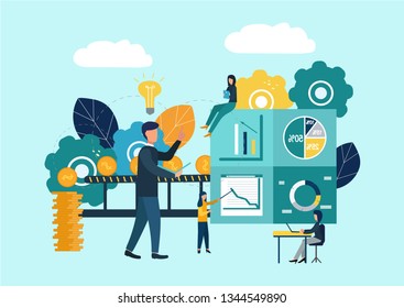 vector illustration, investment management, teamwork, new ideas and growing cash profits, career growth to success, business analysis. Flat color icons.