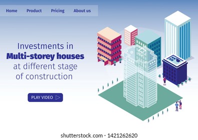 Vector Illustration Investments in Multi-storey Houses at Different Stage of Construction. People Discuss Size Future Construction Site. Virtual Tour Future High-rise Home. Isometric Landing Page.