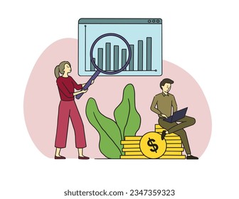 Vector illustration of an investor analyzing the movement of an investment chart. Dashboard monitors web analytics, finance, and investment research