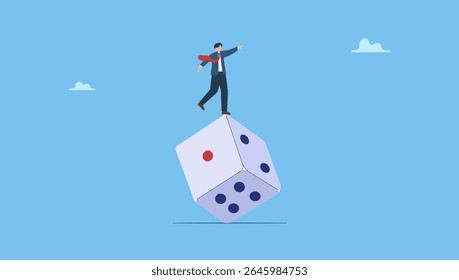 Vector illustration of investor trying to balance himself on spinning unstable dice. Investment risk, stock trader, gambling, uncertainty, possibility of losing money or make a profit from investment.