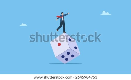 Vector illustration of investor trying to balance himself on spinning unstable dice. Investment risk, stock trader, gambling, uncertainty, possibility of losing money or make a profit from investment.