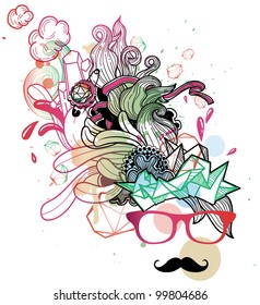 vector illustration of an invisible face in red glasses with cartoon mustache and a  fantasy haircut