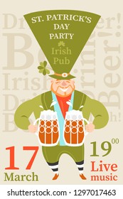 Vector illustration for invitation card or banner for Saint Patrick's Day party with funny leprechaun holding beer mugs. Colorful cartoon character