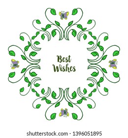 Vector illustration invitation card best wishes for green leafy flower frames with butterflies hand drawn