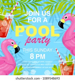 Vector illustration, invitation card design, join us for a Pool party text.