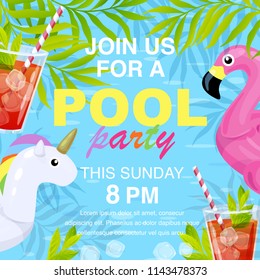 Vector illustration, invitation card design, join us for a Pool party text. Inflatable flamingo and unicorn in cartoon style.