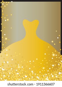 Vector illustration of invitation card with evening dress. Symbol of model and fashion.