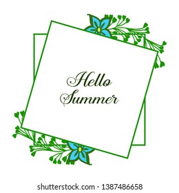 Vector illustration invitation card hello summer for ornate blue flower frame