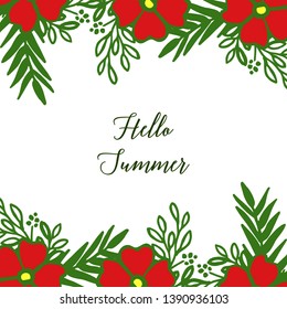 Vector illustration invitation card hello summer with frame wreath red and leaves green