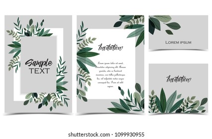 Plantilla de tarjeta de invitación de ilustración vectorial con ramas y decoración de hoja. Juego de tarjetas de felicitación