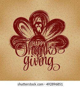 Vector illustration of invitation card for thanksgiving with turkey. Old paper background. One color stamp.