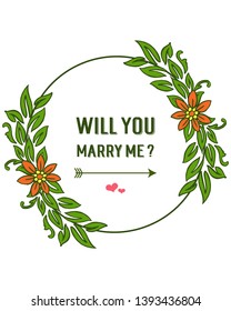 Vector illustration invitation card will you marry me with ornate of green leaf wreath frame hand drawn