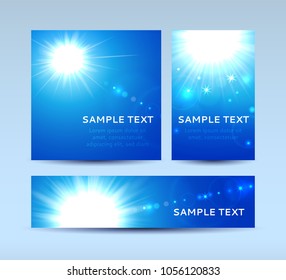 Vector illustration of invitation cards in blue colors with sun and lens flare