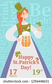 Vector illustration for invitation cards and flyers for Saint Patrick's Day party with happy girl in traditional costume holding holding beer mug. Colorful cartoon character