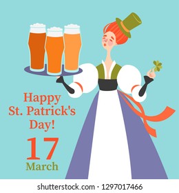 Vector illustration for invitation cards and flyers for Saint Patrick's Day party with happy girl in traditional costume holding glasses of beer. Colorful cartoon character