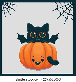 Vector illustration or invitation flyer with a cute Halloween cat and a smiling pumpkin 