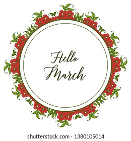 Vector illustration invitation hello march with blossom flower frame hand drawn