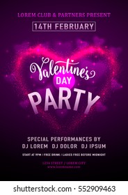 Vector Illustration Of Invitation Valentines Day Party Poster Template With Calligraphy Lettering Text Sign, Purple Hearts. Romantic Flyer For 14 February