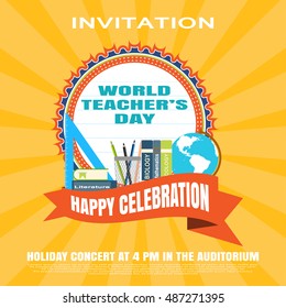 Vector illustration of invitation to the World teacher's day on the yellow background with rays.