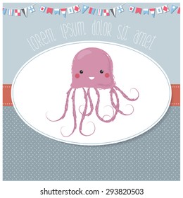 Vector illustration of an invitation/baby shower/birthday card template for children with cute sea creature on a pastel background