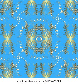 Vector illustration for invitations, cards, certificate, web page. Golden element on blue background. Golden outline floral decor. Vector line art border for design template. Eastern style element.