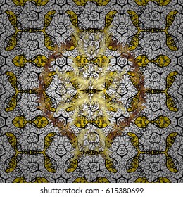 Vector illustration for invitations, cards, certificate, web page. Golden outline floral decor. Eastern style element. Vector line art border for design template. Golden element on yellow background.