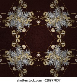 Vector illustration for invitations, cards, certificate, web page. Golden element on brown background. Eastern style element. Golden outline floral decor. Vector line art border for design template.