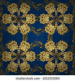 Vector illustration for invitations, cards, web page. Golden element on blue, yellow and brown colors. Golden outline floral decor. Line art seamless border for design template. Eastern style element.