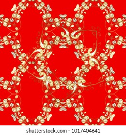 Vector illustration for invitations, cards, web page. Line art seamless border for design template. Eastern style element. Golden element on red and yellow colors. Golden outline floral decor.