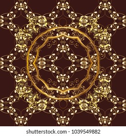 Vector illustration for invitations, cards, web page. Line art seamless border for design template. Eastern style element. Golden element on brown, yellow and beige colors. Golden outline floral decor